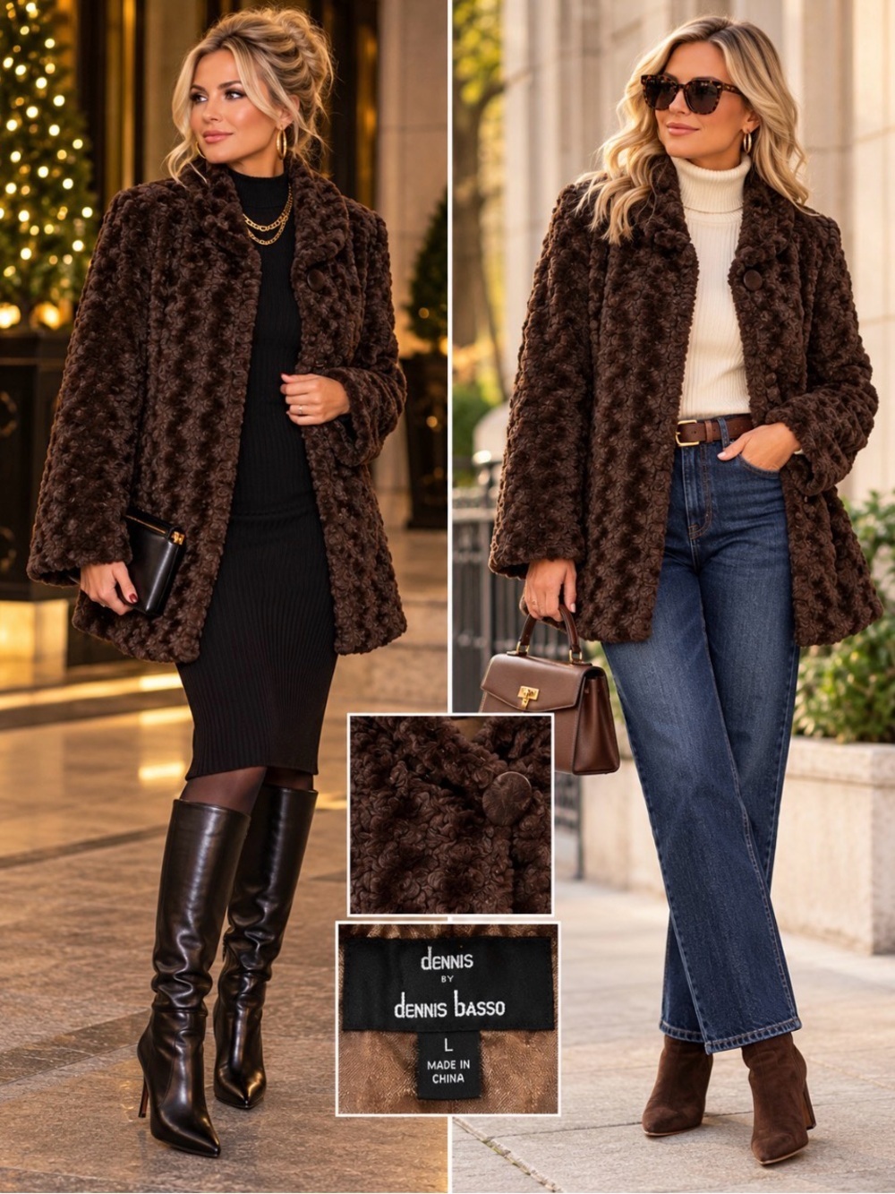 Dennis by Dennis Basso Textured Curly Faux Fur Jacket Brown Coat Large - Picture 1 of 10